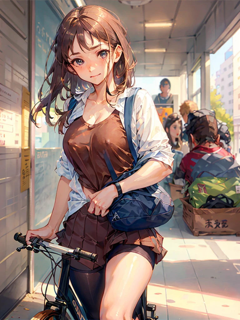 Extremely beautiful school girl, brown hair , pantie tug, covered_nipples, blue bra, blushed, [small breast], , have a school bag, noughty face, riding bicycle