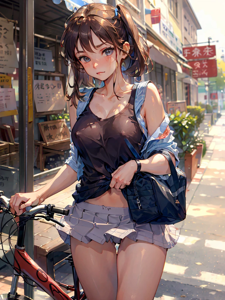 Extremely beautiful school girl, brown hair , pantie tug, covered_nipples, blue bra, blushed, [small breast], , have a school bag, noughty face, riding bicycle