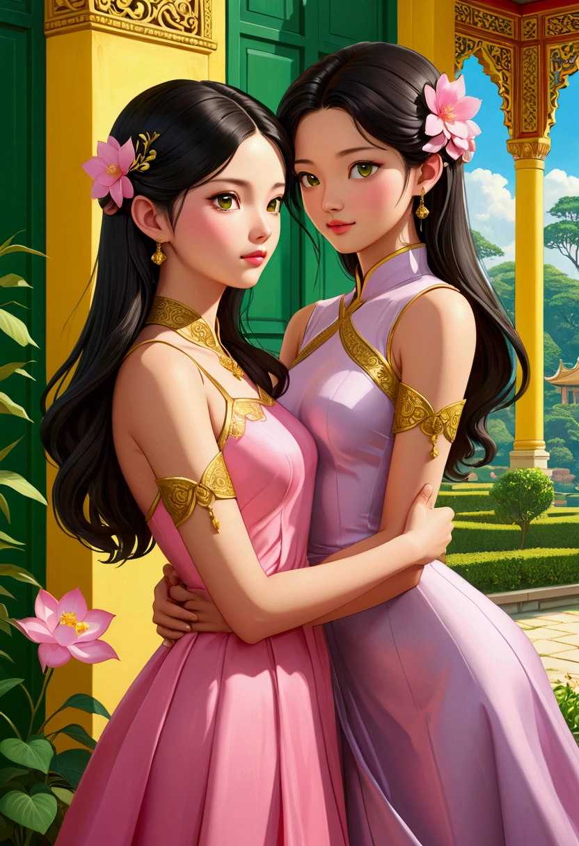 Name "The Loyal Pin" in an elegant 3d metallic gold font, to an idyllic image in the garden of a palace with its yellow painted walls and green windows, Thai style; of TWO beautiful women in Anime Illustration style, deeply in love. One (Rebecca P. Armstrong) with light brown hair, semi-long, delicate British features, brown eyes, dressed in a light blue dress and looking lovingly at the other (Sarocha Chankimha) with delicate Asian features, long, loose black hair, brown eyes, dressed in a pink dress. Between them there is intimacy, complicity and looks of deep love. illustration, 3d render, photography, realistic, anime, photography. , poster, fashion, portrait photography