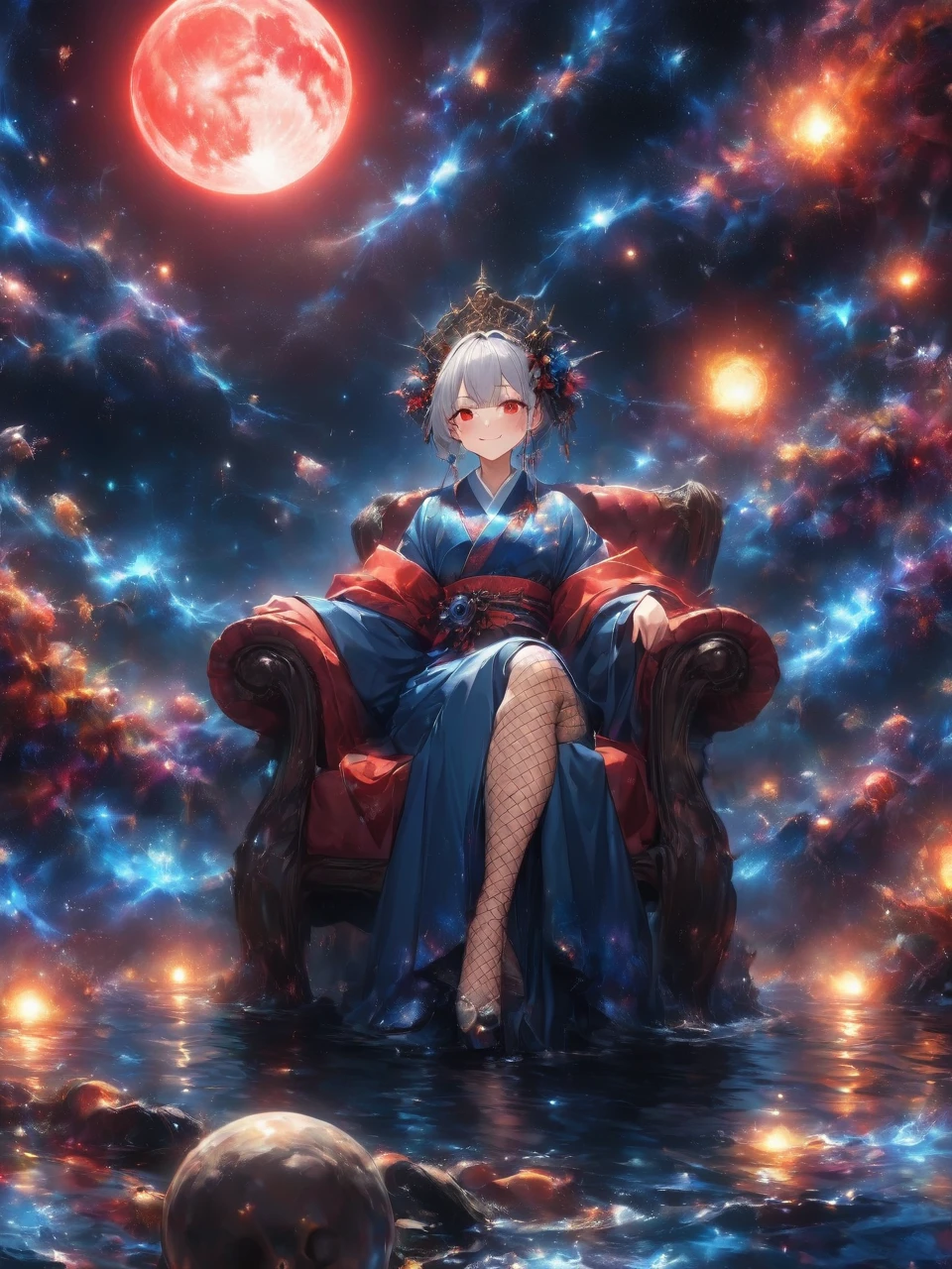 Highest quality, Highest quality, 16K, Unbelievably absurd, Very detailed, 2.5D, delicate and dynamic,Blue Flame,Blue Flameが周りにある,Blue Flameのエフェクト,Blue Flameに囲まれる,darkness,universe,Black Hole,Red Moon,hell,On the Sanzu River,woman,22 years old,Elegance,Glittering kimono,Black-based kimono,Blue Flameをまとう,Fishnet tights,Vivid decoration,Shiny Hair,Red eyes,Queen,smile,ridicule,Smoking a pipe,Sit on a chair,Crossing your legs,Reminiscent of death,Skeletons are falling