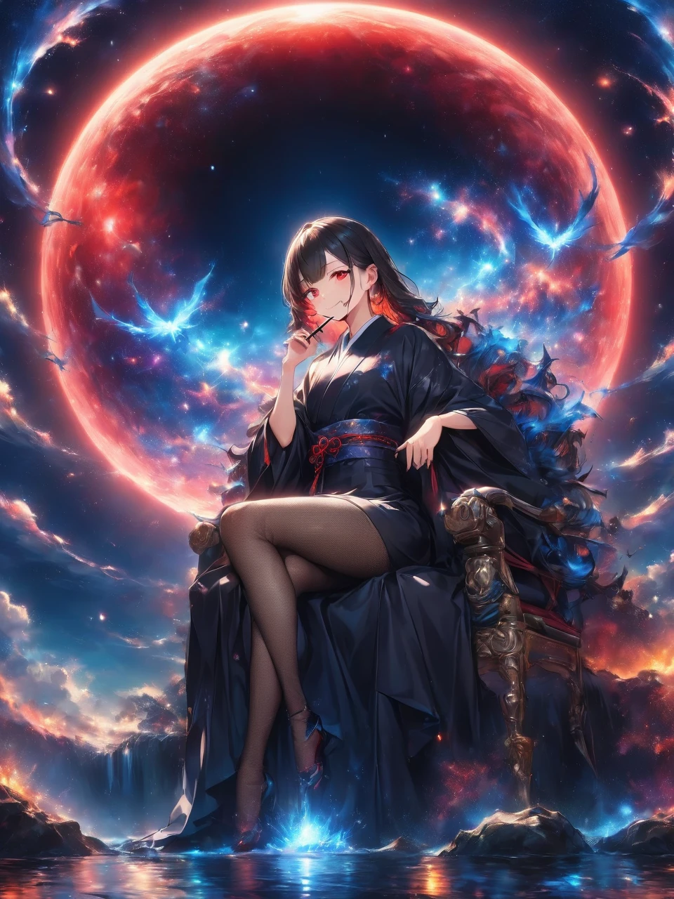Highest quality, Highest quality, 16K, Unbelievably absurd, Very detailed, 2.5D, delicate and dynamic,Blue Flame,Blue Flameが周りにある,Blue Flameのエフェクト,Blue Flameに囲まれる,darkness,universe,Black Hole,Red Moon,hell,On the Sanzu River,woman,22 years old,Elegance,Glittering kimono,Black-based kimono,Blue Flameをまとう,Fishnet tights,Vivid decoration,Shiny Hair,Red eyes,Queen,smile,ridicule,Smoking a pipe,Sit on a chair,Crossing your legs,Reminiscent of death,Skeletons are falling