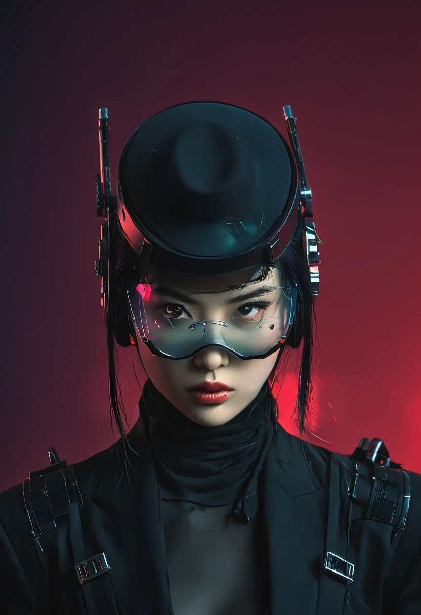 there is a woman in a black top hat and a black top hat, female cyberpunk, cyberpunk women, cyberpunk geisha, cyberpunk woman, cyberpunk femme fatale, very beautiful cyberpunk samurai, beautiful cyberpunk girl face, the cyberpunk girl portrait, beautiful female neuromancer, cgsociety cyberpunk, female cyberpunk anime girl, advanced digital cyberpunk art, cyberpunk angry gorgeous goddess