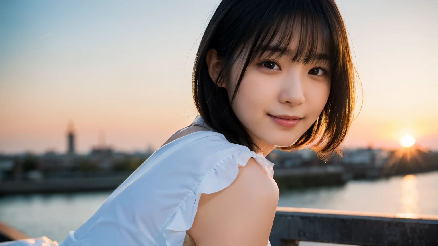 (Highest quality,masterpiece:1.3,Ultra-high resolution),(Very detailed,Caustics,8k),(Realistic:1.4,RAW shooting),Japanese,23 years old,cute,Place your finger on your lips,Are standing,(Big smile),(Looking into the camera),Black hair medium hair,White blouse,Knee-length skirt,rooftop,Backlight,sunset,sunset sky,(Bust up shot),(Face Focus:1.1),(Face close-up:1.1),Low position,Low Angle,Natural light