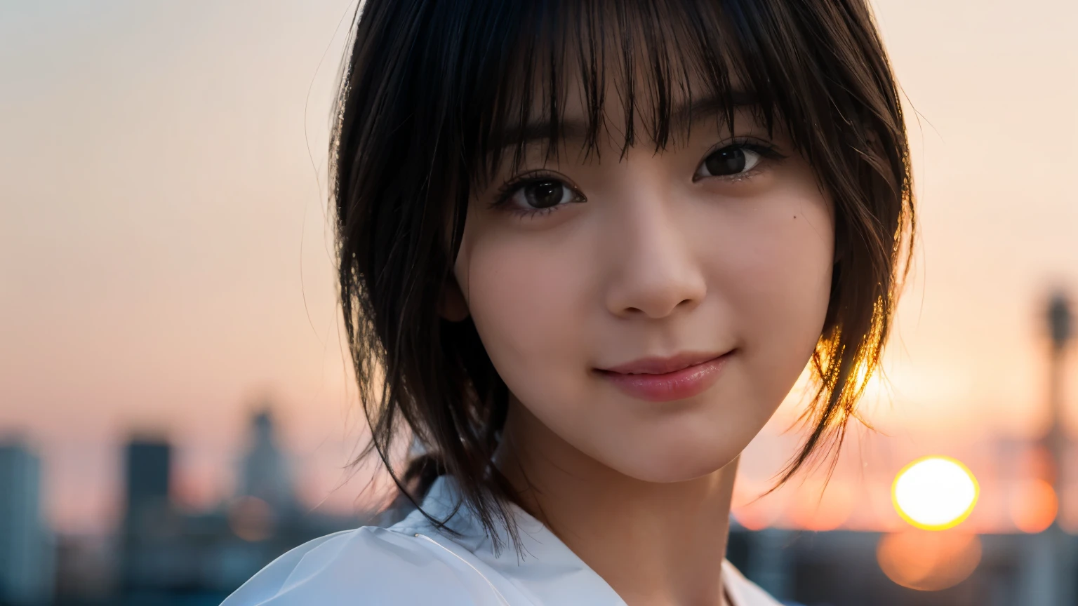 (Highest quality,masterpiece:1.3,Ultra-high resolution),(Very detailed,Caustics,8k),(Realistic:1.4,RAW shooting),Japanese,23 years old,cute,Place your finger on your lips,Are standing,(Big smile),(Looking into the camera),Black hair medium hair,White blouse,Knee-length skirt,rooftop,Backlight,sunset,sunset sky,(Bust up shot),(Face Focus:1.1),(Face close-up:1.1),Low position,Low Angle,Natural light