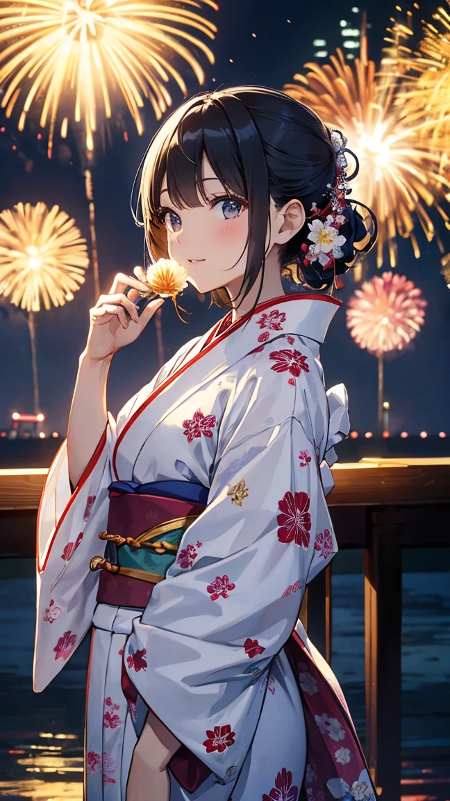 (Masterpiece of、Highest quality:1.2)、Ultra-detailed、Cinematic lighting、（（（Beautiful woman looking up at fireworks）））、Laughter、A woman wearing a kimono, Bathrobes, Elegant yukata, Wearing a colorful yukata, In kimono, wear Kimono, Japanese Kimono, In kimono, generally, wearing a haori, Morning glory pattern yukata, Japanese Style, wear Kimono,