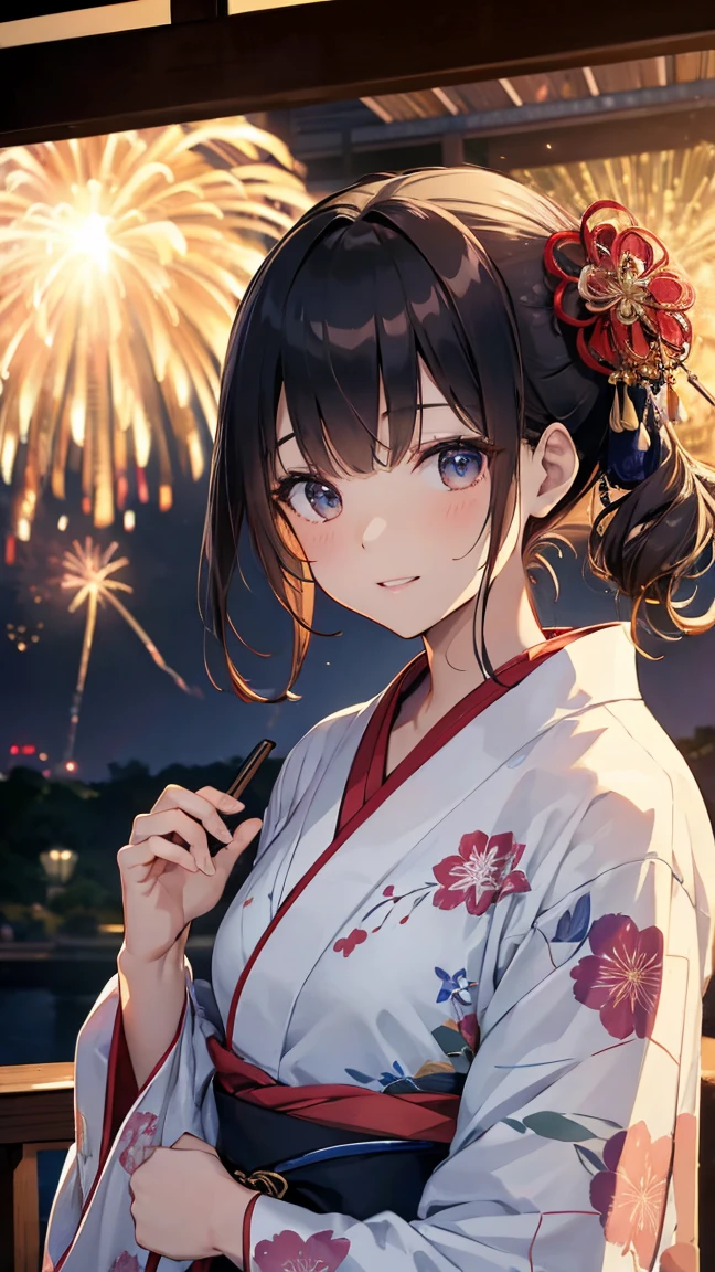 (Masterpiece of、Highest quality:1.2)、Ultra-detailed、Cinematic lighting、(((Beautiful woman looking up at fireworks)))、Laughter、A woman wearing a kimono, Bathrobes, Elegant yukata, Wearing a colorful yukata, In kimono, wear Kimono, Japanese Kimono, In kimono, generally, wearing a haori, Morning glory pattern yukata, Japanese Style, wear Kimono,