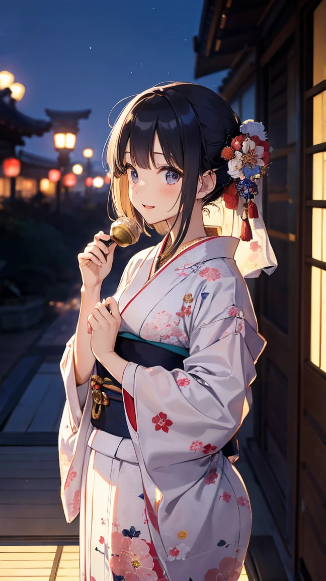 (Masterpiece of、Highest quality:1.2)、Ultra-detailed、Cinematic lighting、(((Beautiful woman looking up at fireworks)))、Laughter、A woman wearing a kimono, Bathrobes, Elegant yukata, Wearing a colorful yukata, In kimono, wear Kimono, Japanese Kimono, In kimono, generally, wearing a haori, Morning glory pattern yukata, Japanese Style, wear Kimono,