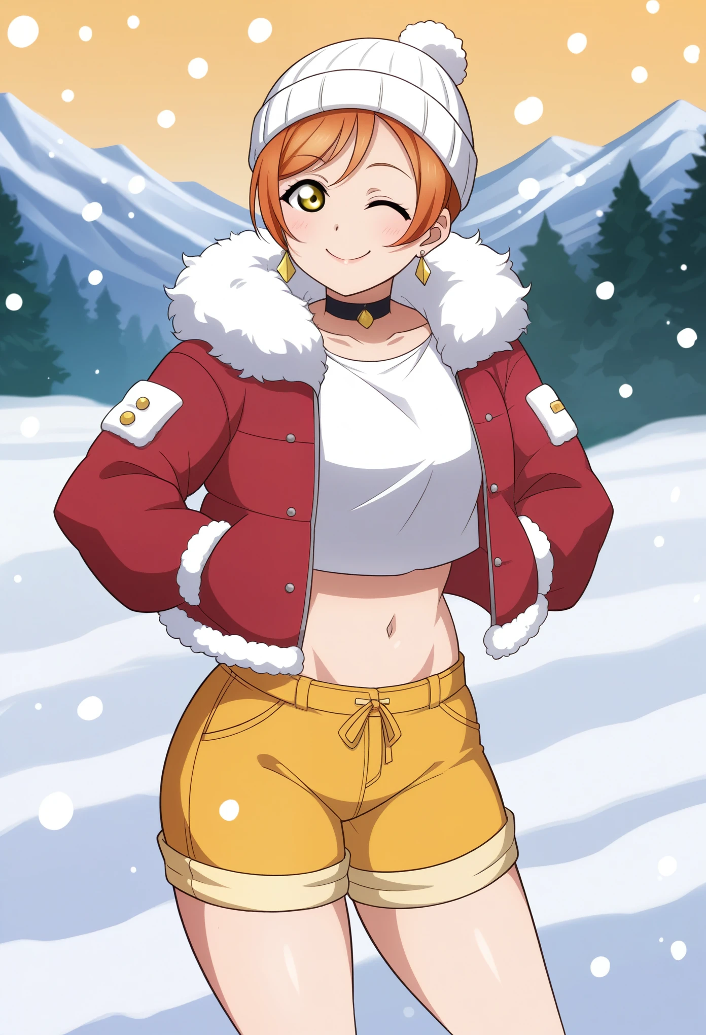 (Masterpiece, Best Quality, High Quality), Rin Hoshizora Love Live, orange hair, yellow eyes, cowboy shot,bangs, white beanie hat , crop top, jewelry, closed mouth, jacket, earrings, outdoors, sky, yellow shorts, fur trim, cute choker, snow, snowing, mountain, fur-trimmed jacket, mountainous horizon, smile ,(lipstick:0.7), hands in pocket ,thicc thighs ,wink