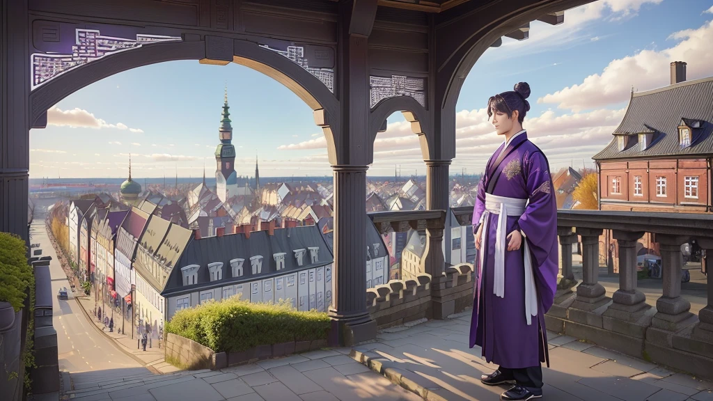purple eyes, top bun, purple hanfu, Chinese clothes, the man is standing on Viborg, view of Viborg, center of Viborg, historical Center of Viborg, the man is standing on the embankment, vintage white clock tower, vintage buildings, beautiful buildings, paved embankment, ancient lanterns, view of the Gulf of Finland
