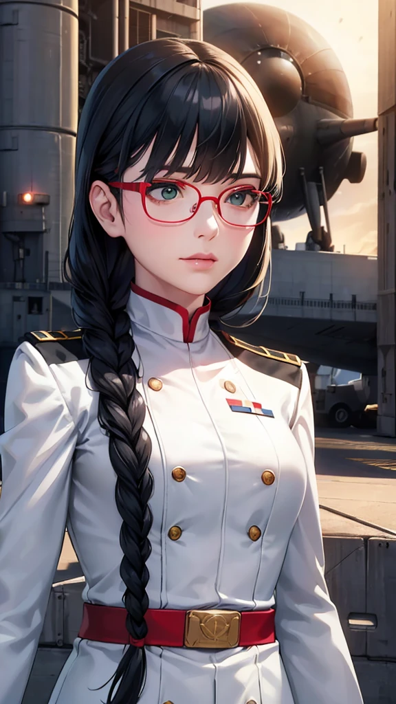 Movie Poster,((Braid Hairstyle : 1.5)),Anime Reference 86 ,Science Fiction,Sci-Fi,Movies,War Action Movies,Space,Atmosphere,Sky,Battleship,Multiple Characters,Women,Adults,Green Eyes,Black Hair,(Pia bangs hairstyle) : 1.8 ),(Red Glasses),General Uniform,White Commander Uniform,Serious Face Frowning,Realistic Face Detail,Realism,3D Face,