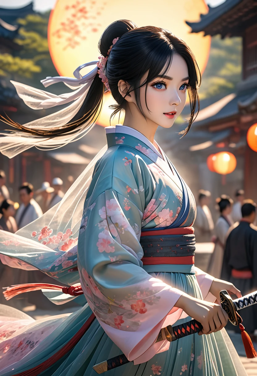 Men and women wearing tulle Hanfu, A woman holding a sword against a man, Black Hair, Short Ponytail, Onyx colored eyeball, Texture Details, Glowing Skin, sun, Swivel Blade Sword, Motion Blur Background, Backlight, 8k, Super Detail, masterpiece, Highest quality
