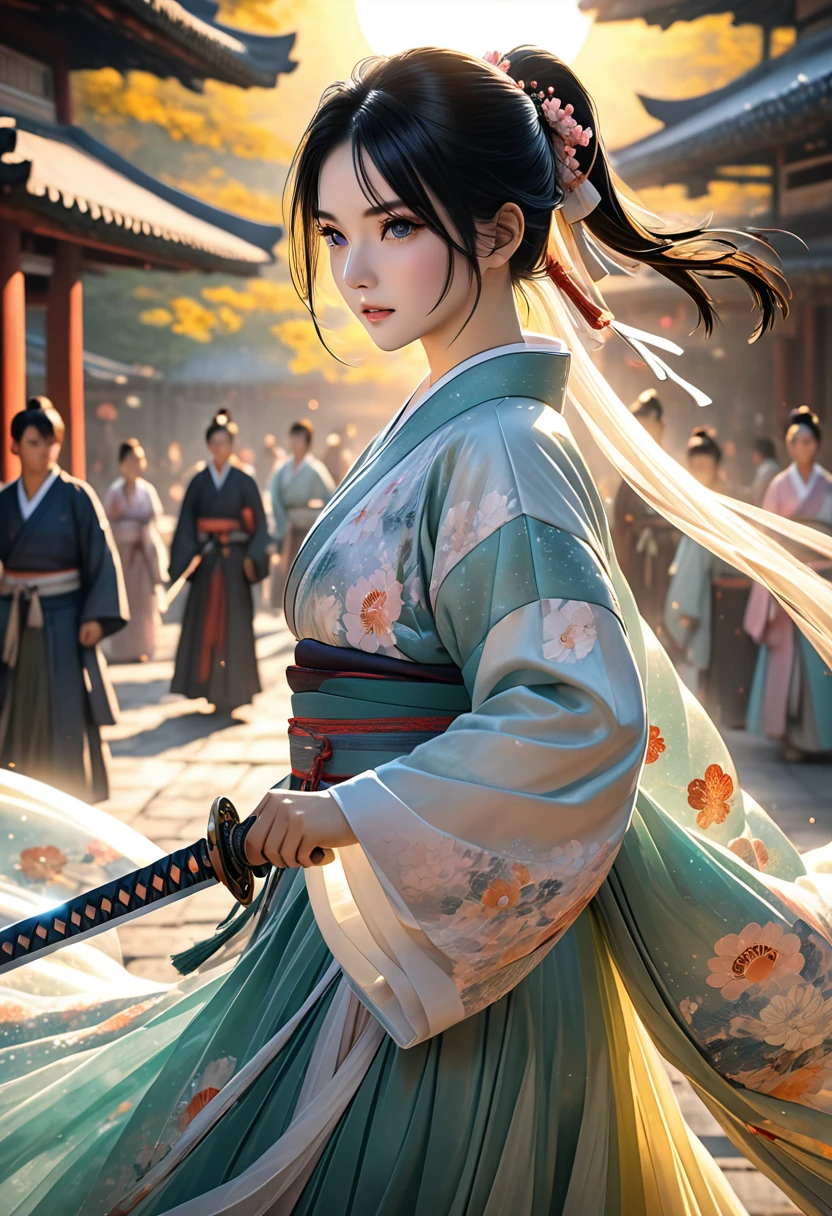 Men and women wearing tulle Hanfu, A woman holding a sword against a man, Black Hair, Short Ponytail, Onyx colored eyeball, Texture Details, Glowing Skin, sun, Swivel Blade Sword, Motion Blur Background, Backlight, 8k, Super Detail, masterpiece, Highest quality
