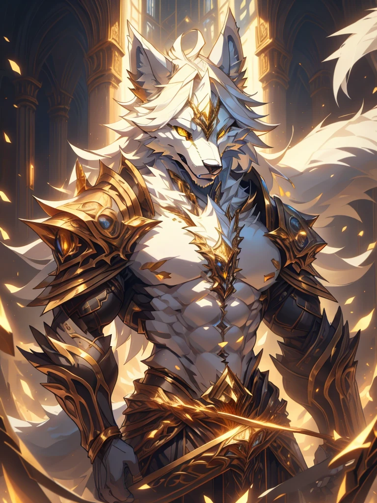 male, furry, wolf anthro, solo, white fur, Golden eyes, (Realistic eye details 1.2), V0id3nergy, abs, Masterpiece, dramatic lighting, soft lighting, day, highly detail, Hair coiled, epic fantasy art style, epic fantasy digital art style, anatomically correct, accurate, UHD, 1080P