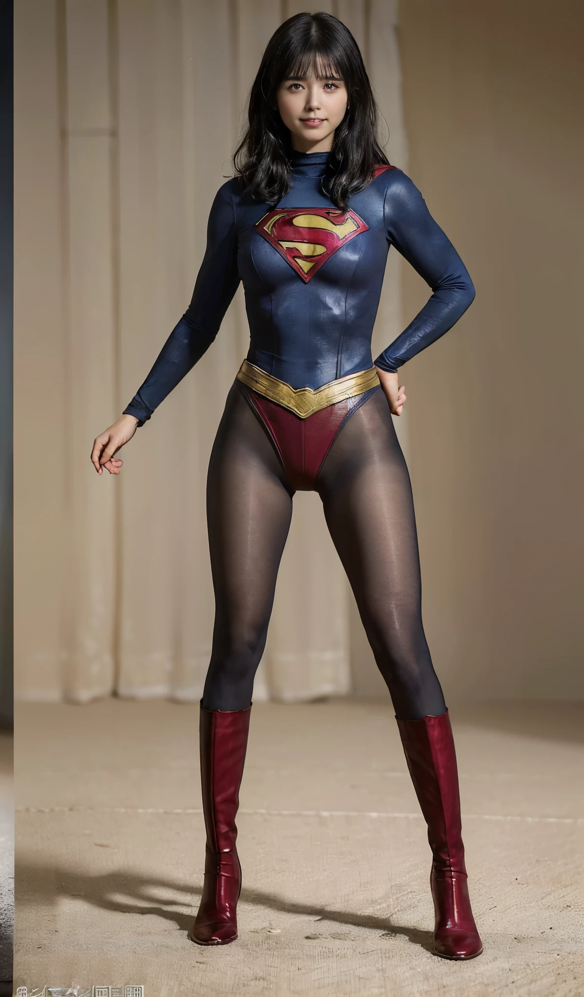No background、She always has her mouth open、She always has a sad look on her face、Always close your eyes、(((Beautiful legs in black tights.)))、(((Stretch your legs、expensive、Showing a beautiful smile)))、((((Make the most of your original images)))、(((Supergirl Costume)))、(((Beautiful Short Hair)))、(((Suffering face)))、(((Black tights legs、Wear red boots)))、((Best image quality、8k))、((Highest quality、8k、masterpiece:1.3))、(((Preserve background )))、Sharp focus:1.2、Beautiful woman with perfect figure:1.4、Slim Abs:1.2、Wet body:1.5、Highly detailed face and skin texture、8k
