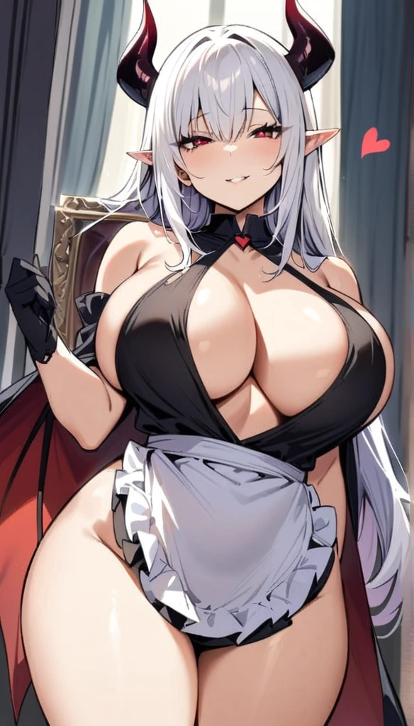 ((Best Quality)), ((masterpiece)), (detailed), 1 girl, long white hair, black horns, red eyes with hearts, big breasts, big thighs, black succubus tail, seductive smile, White apron, black dress, at home