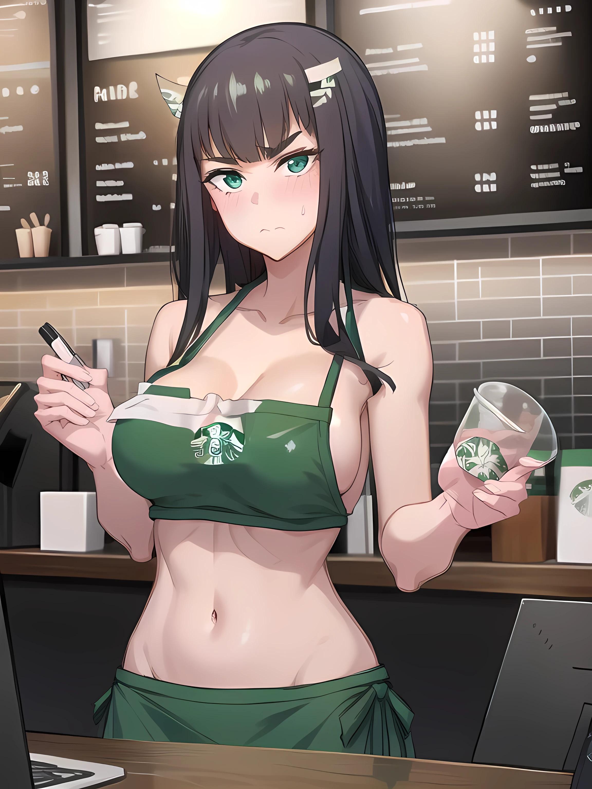 1girl, masterpiece, high quality, in starbucks, in modern coffee shop, meme_iced_latte_with_breast_milk_ownwaifu, green apron, medium breasts, blush, naughty, seductive, rounded breasts, looking at viewer, kiryuin satsuki, closed mouth, 