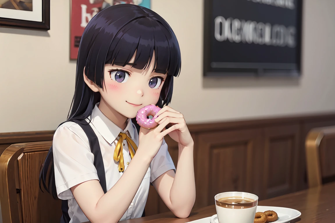 (Eating a donut), Cafe, A diner with rows of colorful donuts, Retro interior, table,tray, drink, Cup, Smiling and holding a donut, Vibrant colors, American style design, (ruri gokou), girl, (alone), Hime cut, Black socks, Short sleeve, Grey Skirt, Hime cut, push into, White shirt, Collared shirt, Yellow ribbon, , masterpiece,