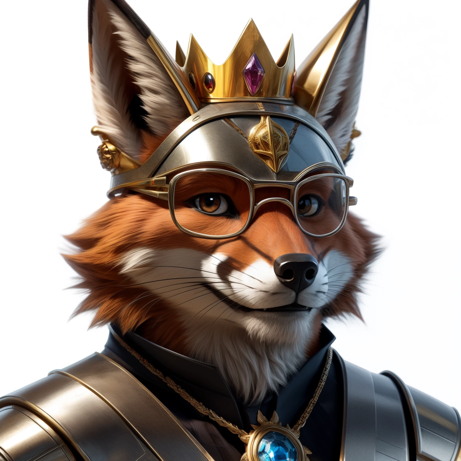 The crowned king of foxes, 30 year old man, metal armor, White background, wearing a golden crown, Wearing glasses, head focus, looking at viwer, face photo, facing the camera