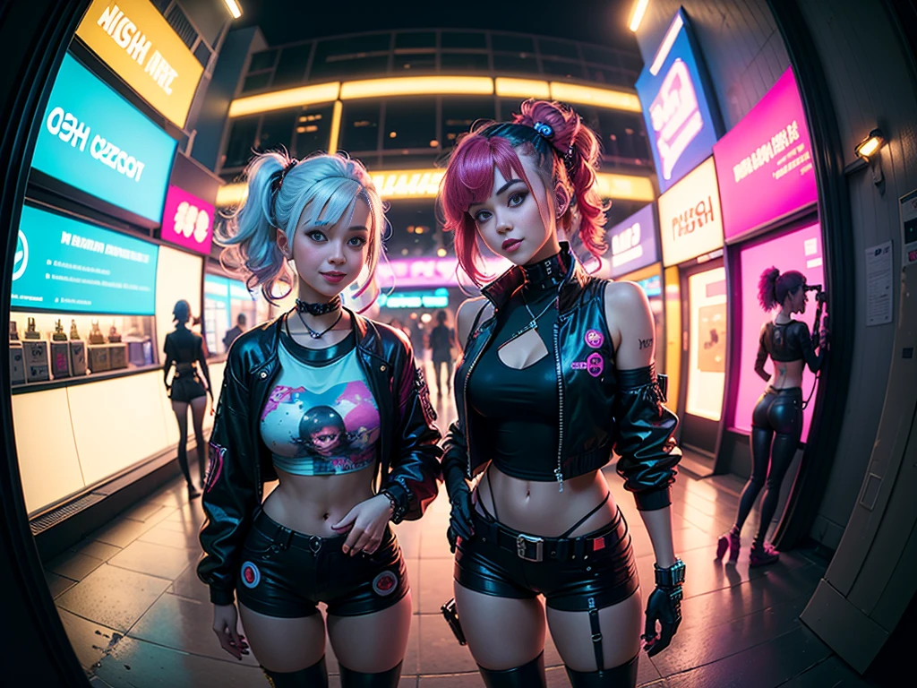 ((2 cyberpunk girls wearing colorful Harajuku style pop outfit)), (((fisheye lens))), cowboy shot, wind, messy hair, cyberpunk 2077 cityscape, (cyberpunk aesthetics and atmosphere:1.2), bright colors, smiling, ((cinematic lighting))