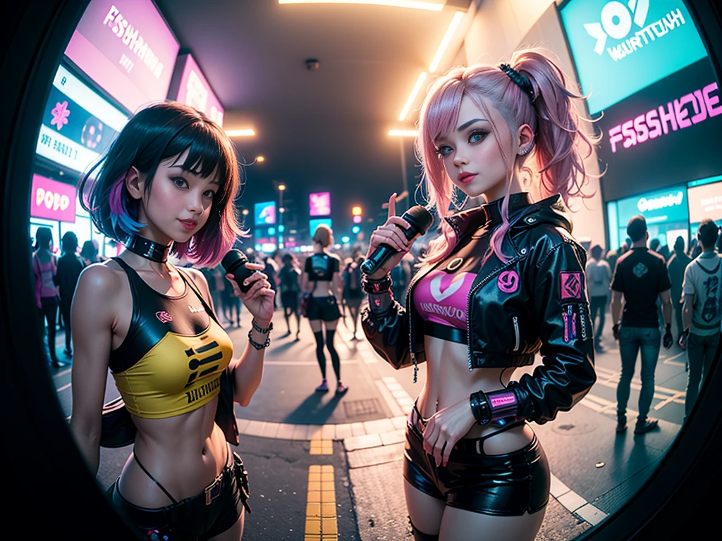 ((2 cyberpunk girls wearing colorful Harajuku style pop outfit)), (((fisheye lens))), cowboy shot, wind, messy hair, cyberpunk 2077 cityscape, (cyberpunk aesthetics and atmosphere:1.2), bright colors, smiling, ((cinematic lighting))