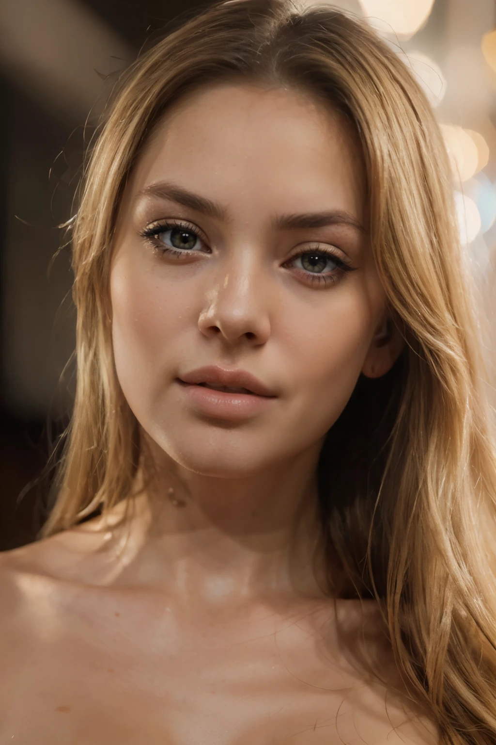 1girl, beautiful detailed eyes, beautiful detailed lips, extremely detailed face, long blonde hair flowing, highres, open mouth, looking at viewer, nude, realistic, photorealistic, photo-realistic:1.37, (best quality,4k,8k,highres,masterpiece:1.2),ultra-detailed,(realistic,photorealistic,photo-realistic:1.37),HDR,UHD,studio lighting,ultra-fine painting,sharp focus,physically-based rendering,extreme detail description,professional,vivid colors,bokeh,portrait