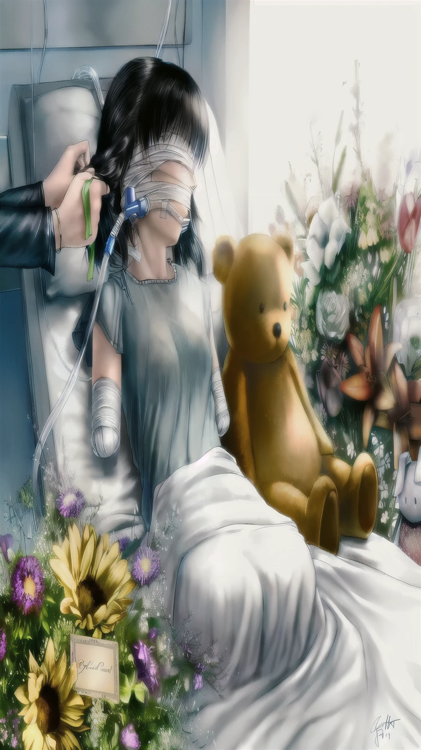there is a woman in a hospital bed with a teddy bear, sick, heartwarming, fan art, fanart ”, heartbreaking, romanticism lain, sad, hurt, very sad, fanart, by Yuumei, lain, injured, realistic scene, lain iwakura, sad!, sad scene, pixiv contest winner, many years gone, poignant, tragic, awwwww , naked breasts, flat chest , Band-aid on niplles