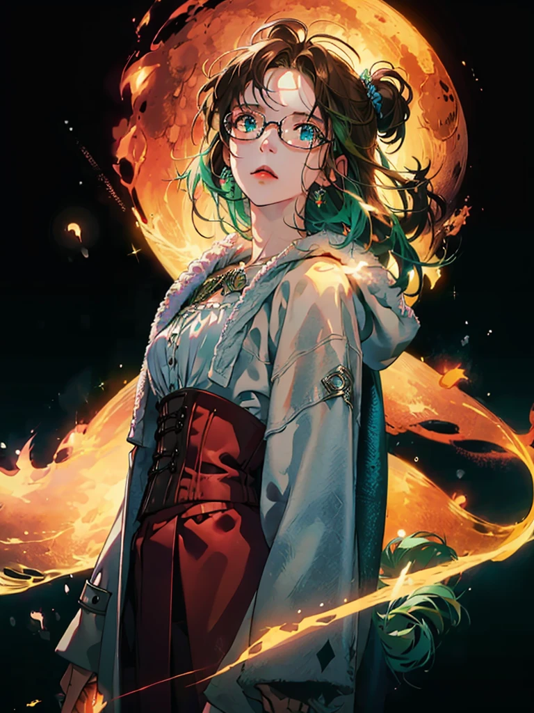 3 characters, under a night sky full of stars. At the center, 1 character with long red hair and blue eyes, wearing a white blouse with a black corset and brown belts. This character holds a glowing blue sphere above his head with both hands.. to the left, we have a character with dark hair and glasses, wearing a blue coat and wielding a sword that emits dark energy. On the right, another character with spiky green hair is casting a spell with glowing green magical energy around his hand. All characters are positioned in front of an ethereal cosmic backdrop that includes a large luminous moon and spiral galaxies. Extremely detaild, 8k, HDR, naturallight, cinematic lighting, masterpiece-anatomy-perfect, ultra HD, RAW photo, metallic, professional, ultra-fine painting, perfect body proportions, anatomically correct, uhd, real texture material, Anti-Aliasing, FKAA, TXAA, SSAO, Post Processing, Post Production, Tone Mapping, CGI, VFX, SFX, hyper maximalist, Volumetric, ultra photorealultra-detailed intricate details.