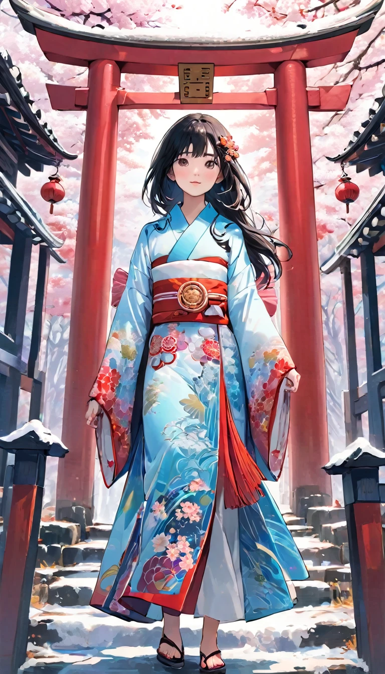 (((White Background、White world)))、14 years、unity 8k wallpaper、Very detailed、beautifully、aesthetic、masterpiece、Highest quality、(Tangleの、Mandala、Tangle、Tangle)、(Fractal Art:1.3)、One Girl、Beautiful black hair、Japanese、Big pink、Red kimono、Japanese Shrines、Red Torii Gate、Guardian Dog、Blue sky、Blurred Background、The background is blurred、loose、