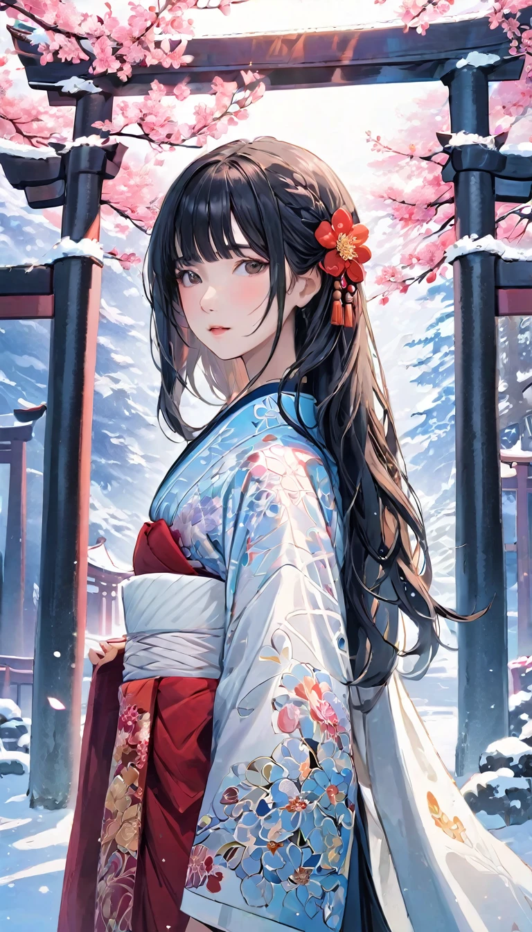 (((White Background、White world)))、14 years、unity 8k wallpaper、Very detailed、beautifully、aesthetic、masterpiece、Highest quality、(Tangleの、Mandala、Tangle、Tangle)、(Fractal Art:1.3)、One Girl、Beautiful black hair、Japanese、Big pink、Red kimono、Japanese Shrines、Red Torii Gate、Guardian Dog、Blue sky、Blurred Background、The background is blurred、loose、