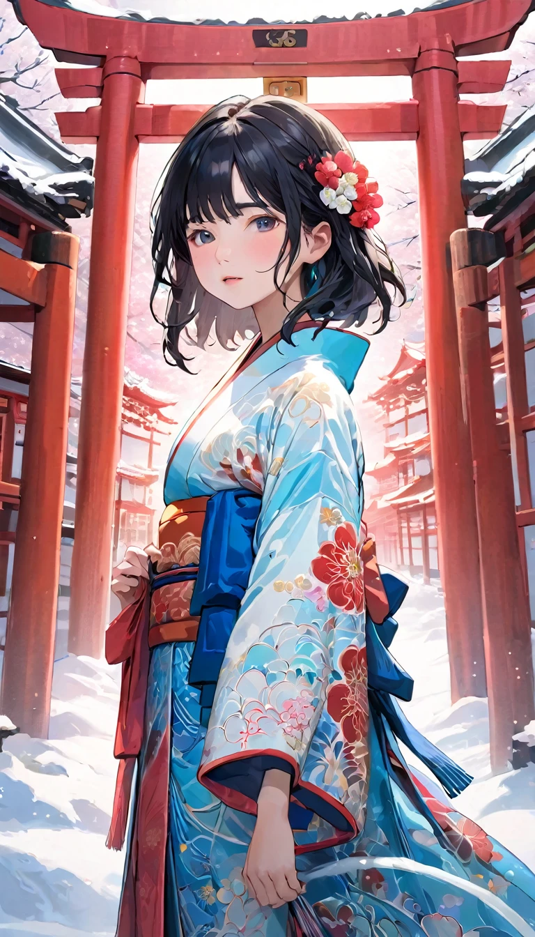 (((White Background、White world)))、、unity 8k wallpaper、Very detailed、beautifully、aesthetic、masterpiece、Highest quality、(Tangleの、Mandala、Tangle、Tangle)、(Fractal Art:1.3)、One Girl、Beautiful black hair、Japanese、Big pink、Red kimono、Japanese Shrines、Red Torii Gate、Guardian Dog、Blue sky、Blurred Background、The background is blurred、loose、