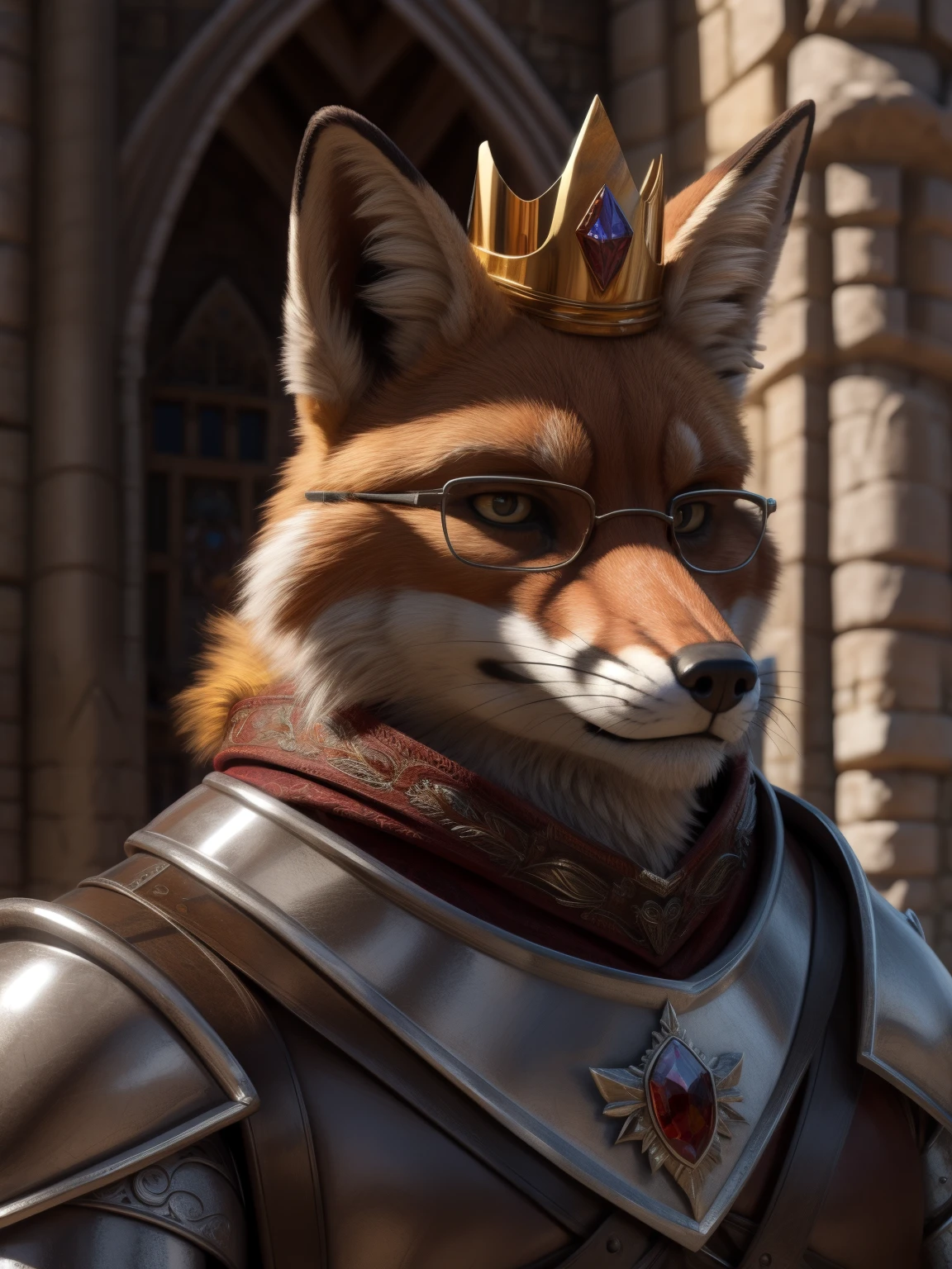The crowned king of foxes, metal armor, castillo medieval, wearing a golden crown, Wearing glasses, serious face, head and shoulders focus