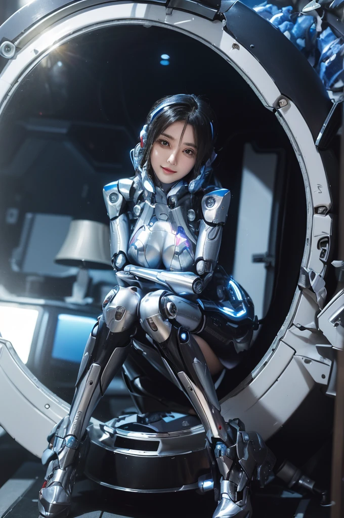 Arab woman in futuristic suit sitting in round mirror, cute Robot girl, 美麗的Robot girl, Girl wearing mecha cyber armor, robot-girl, cyberpunk, Robot girl, Perfect anime robot woman, biology , Japan Equipment Man, female robot身體, female robot, Robot girl, Perfect Android Girl, Perfect Woman