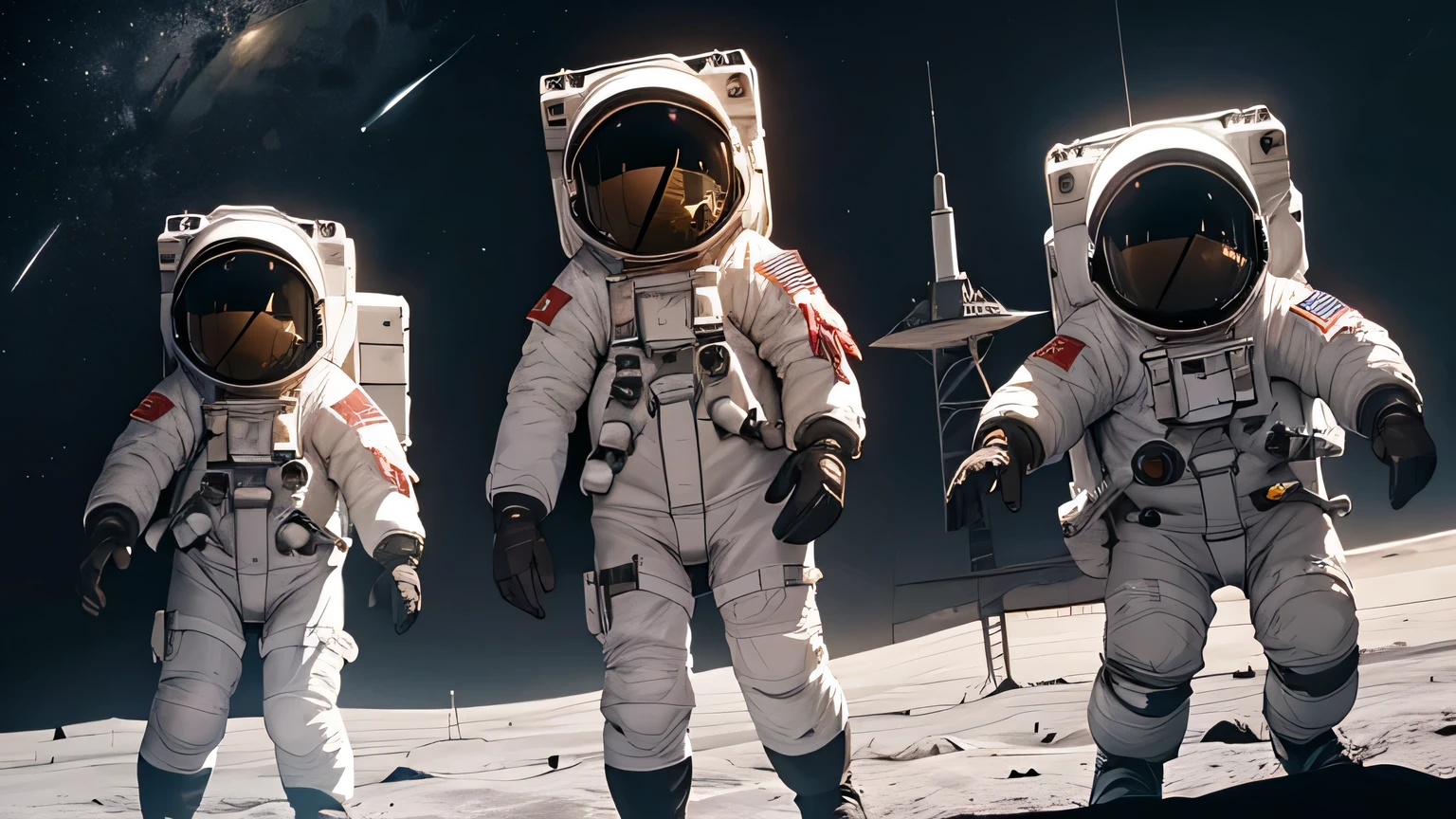 four children and one adult in astronaut suits, on the moon