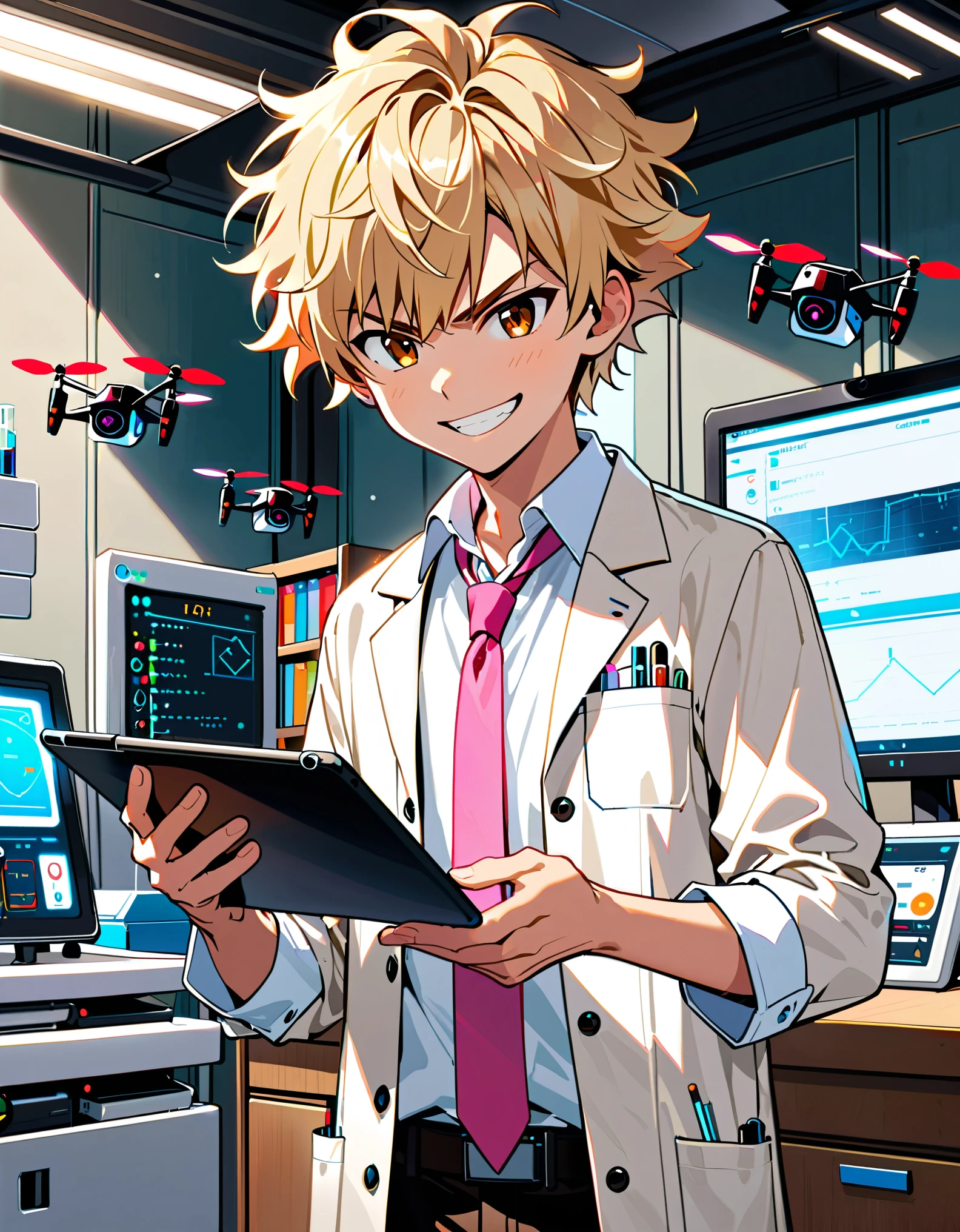 (masterpiece), (best quality), (hires), 1boy, 14 years old, solo, solo focus, male focus, scientist, (white lab vast, open coat), light blonde shirt, pink necktie, black pants, slacks, brown sneakers, (perfect hands, complete fingers, holding tablet), blonde hair, short hair, messy hair, bangs, brown eyes, (evil grin), semi-cartoon style. laboratory, indoors, flying mini-drones, cowboy shot.