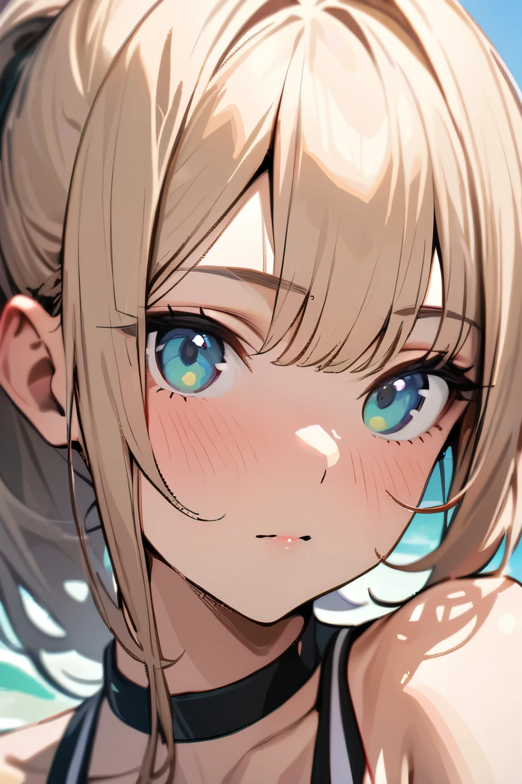 Masterpiece, best quality, close to the camera, close-up of face, beautiful girl, beautiful face, ponytail, swimsuit,