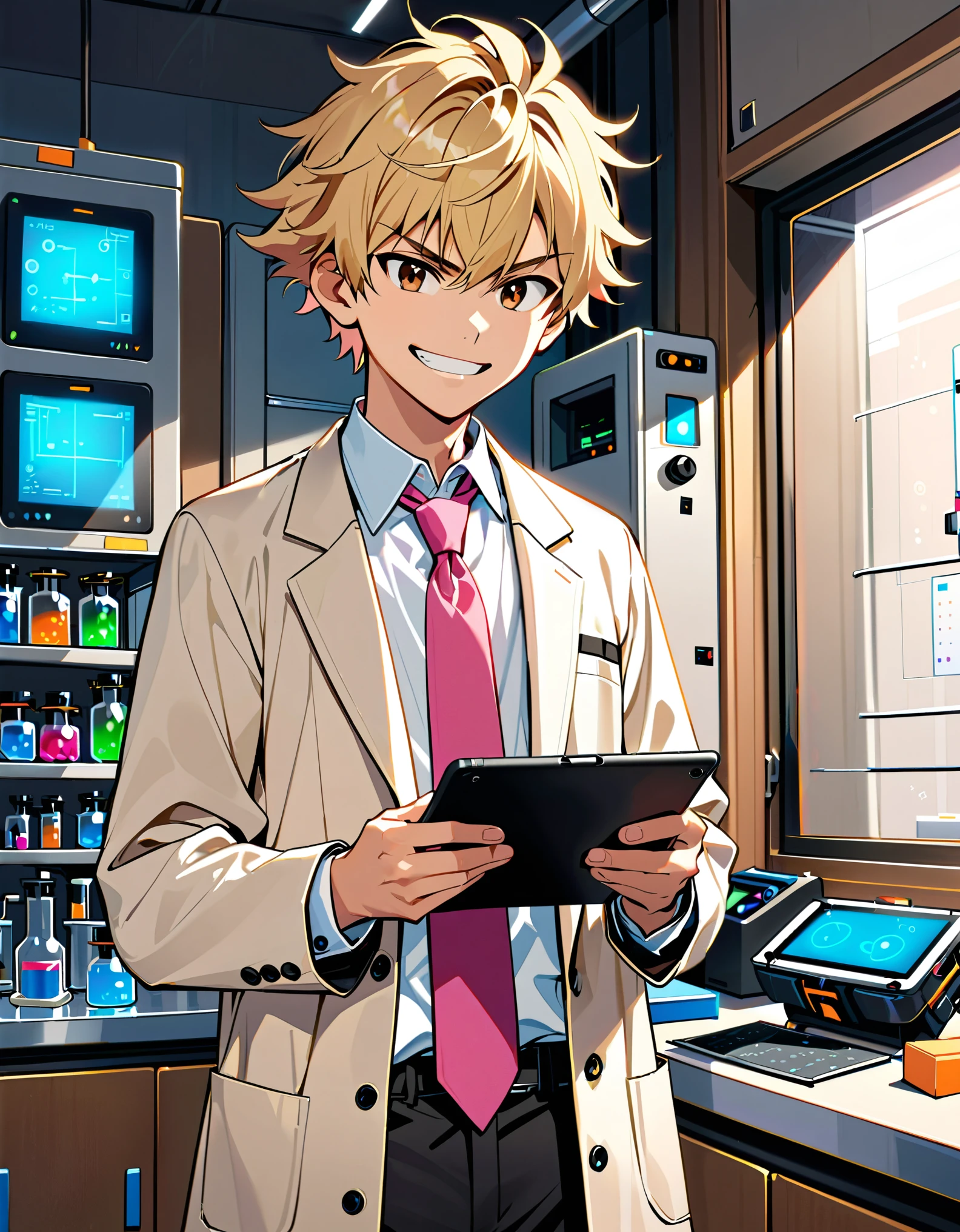 (masterpiece), (best quality), (hires), 1boy, 14 years old, solo, solo focus, male focus, scientist, (white lab vast, open coat), light blonde shirt, pink necktie, black pants, slacks, brown sneakers, (perfect hands, complete fingers, holding tablet), blonde hair, short hair, messy hair, bangs, brown eyes, (evil grin), semi-cartoon style. laboratory, indoors, flying mini-drones, cowboy shot.