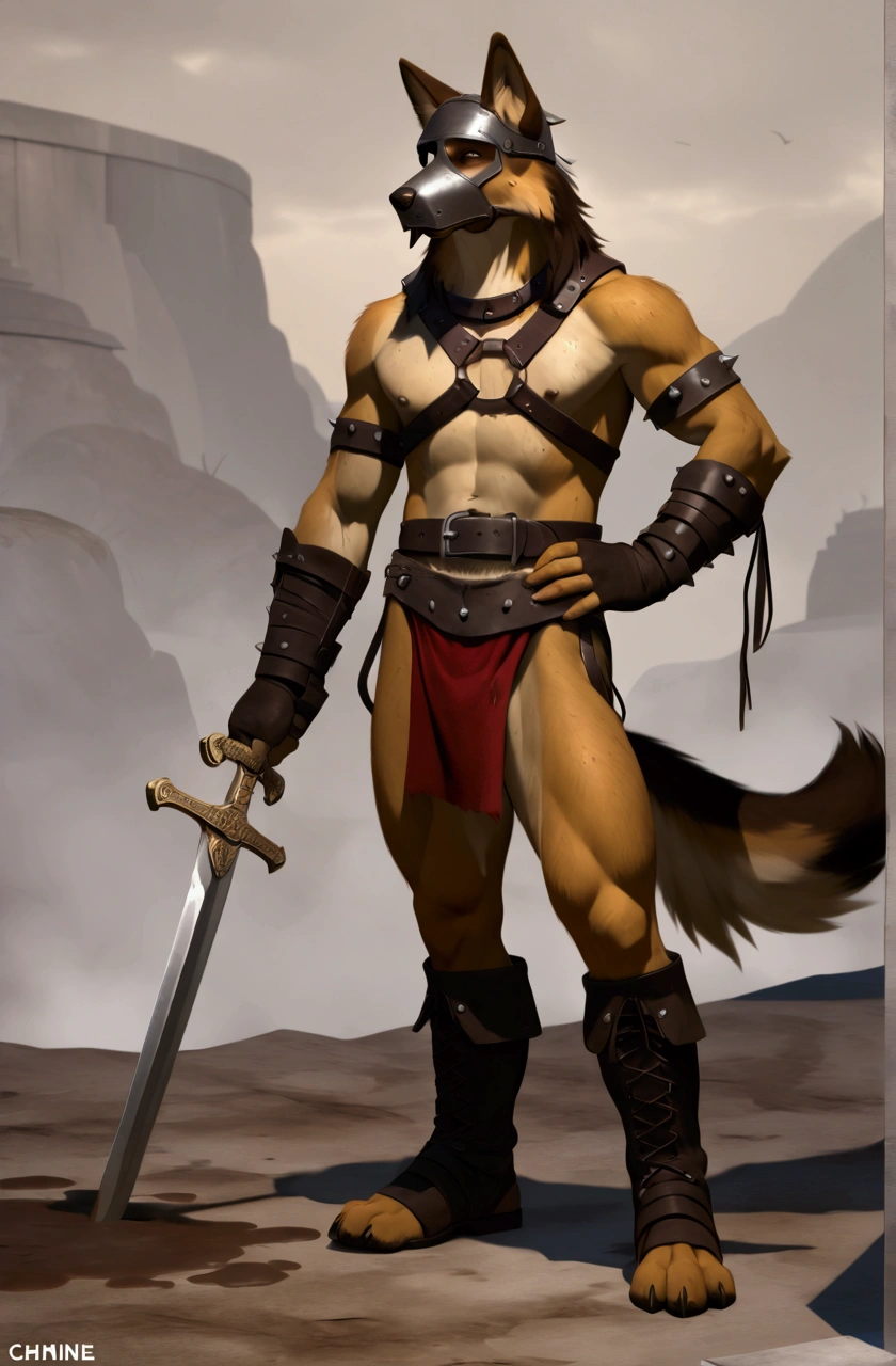 Solo Sexy anthro furry german shepherd male; ancient Mediterranean desert warrior; slim mesomorph handsome model apperance apperance; anthro muzzle head shape leather helmet mask with eye holes; anthro muzzle head shape leather helmet mask with eye holes, anthro muzzle head shape leather helmet mask with eye holes, sword scars; worn out rusty sexy skimpy armament. He has low on hips heavy leather studded heavy belt. he has narrow in the crotch very old worn out bulgy tigh jockstrap (smelly jockstrap fetish); His jockstrap it is made of old white worn out matte leather sewn together from a few pieces, it has never been washed, it is dirty and has stains from secretions of dried semen and sweat; His armor is old heavy brown harness with armlets studded with spikes; rusty old skimpy breatsplate armor, he has old brown leather BFR Bands on Biceps and his thighs, he has old worn out fingerless leather gloves. His armor is in ruin, it is very very old and dirty, rusted, dirty, old worn out, rusty breastplate. Even though he is a handsome and sexy man, he has a sloppy appearance, has disheveled unwashed dirty fur, dirty body look. he smells, he has stains from old blood, dirst, cum, mud, smelly furr, disgusting bastard looking. He stands proudly bravely in the Mediterranean sunny pine forest; he stands upright, furious, with his sword raised in a ready-to-fight position, he holds a sword in his right paw, ready for incoming fight; he has a proud, threatening and defiant expression on his face, with little dirty dangerous smile; he has narrow in the crotch very old worn out bulgy tigh jockstrap (smelly jockstrap fetish); His jockstrap it is made of old white worn out matte leather sewn together from a few pieces, it has never been washed, it is dirty and has stains from secretions of dried semen and sweat;, he has narrow in the crotch very old worn out bulgy tigh jockstrap (smelly jockstrap fetish);
