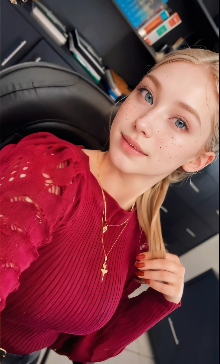 Woman, americana, age 25, pale skin and freckles, gray eyes, delicate nose, soft and delicate lips, far away, cabelo blondie far away e ondulado na altura da cintura, sweet smile, face with delicate feminine facial features, highly rendered