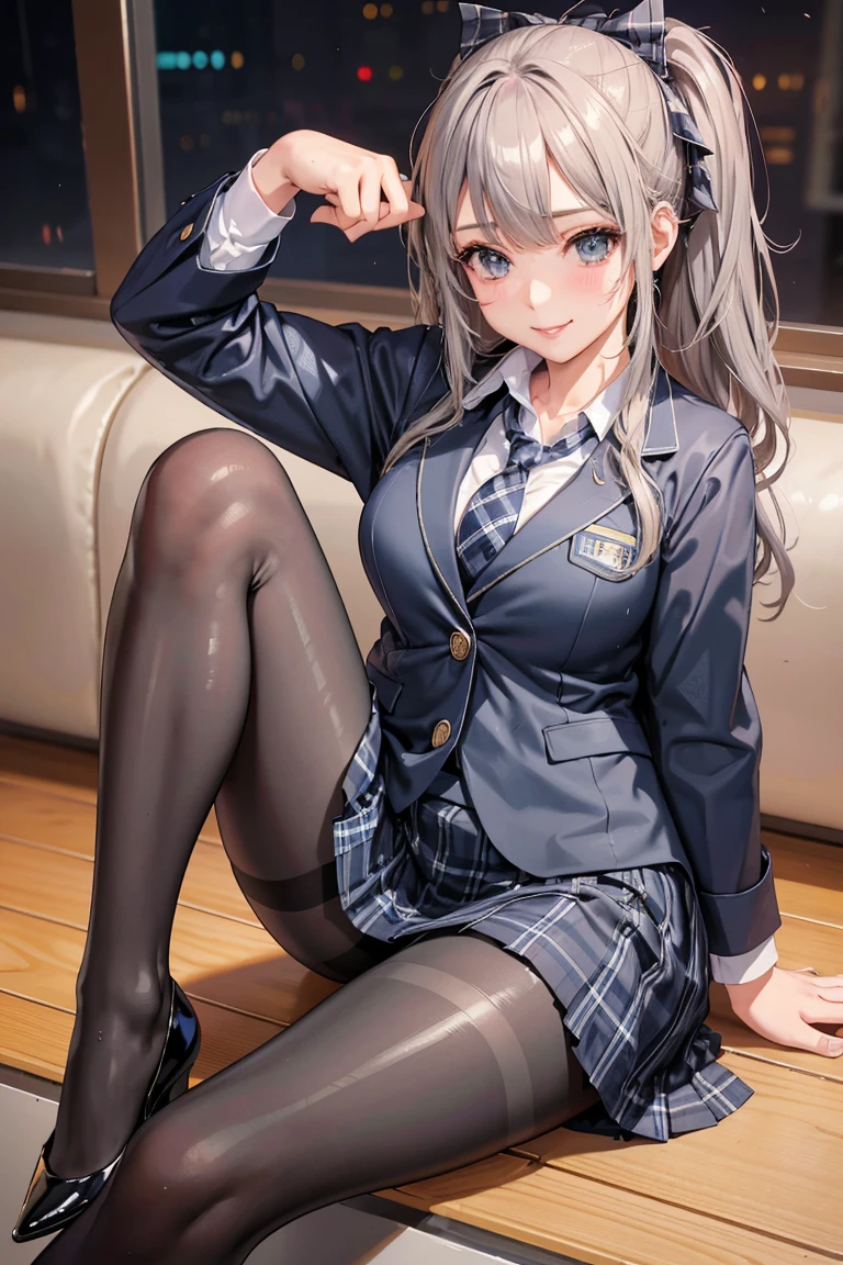 (8k), (Highest quality: 1.2), (Realistic), (Realistic: 1.37), Ultra-high resolution, (1 girl), cute, smile, Mouth closed, Beautiful details, Beautiful Nose, Wet Hair, Giant Dulcefo, pork, Thighs,Self Snap,University Uniforms,(A simple navy blue blazer:1.2),Pleated skirt,(The skirt and tie are gray tartan check pattern......:1.3),(Sitting:1), Sit on the ground,(Hold my feet:1),(Shiny Pantyhose:1.2),from the front,knees