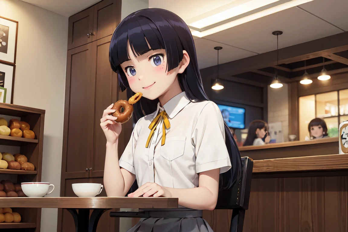 (Eating a donut), Cafe,  Retro interior, table,tray, drink, Cup, Smiling and holding a donut, Vibrant colors, American style design, (ruri gokou), girl, (alone), Hime cut, Black socks, Short sleeve, Grey Skirt, Hime cut, push into, White shirt, Collared shirt, Yellow ribbon, , masterpiece,