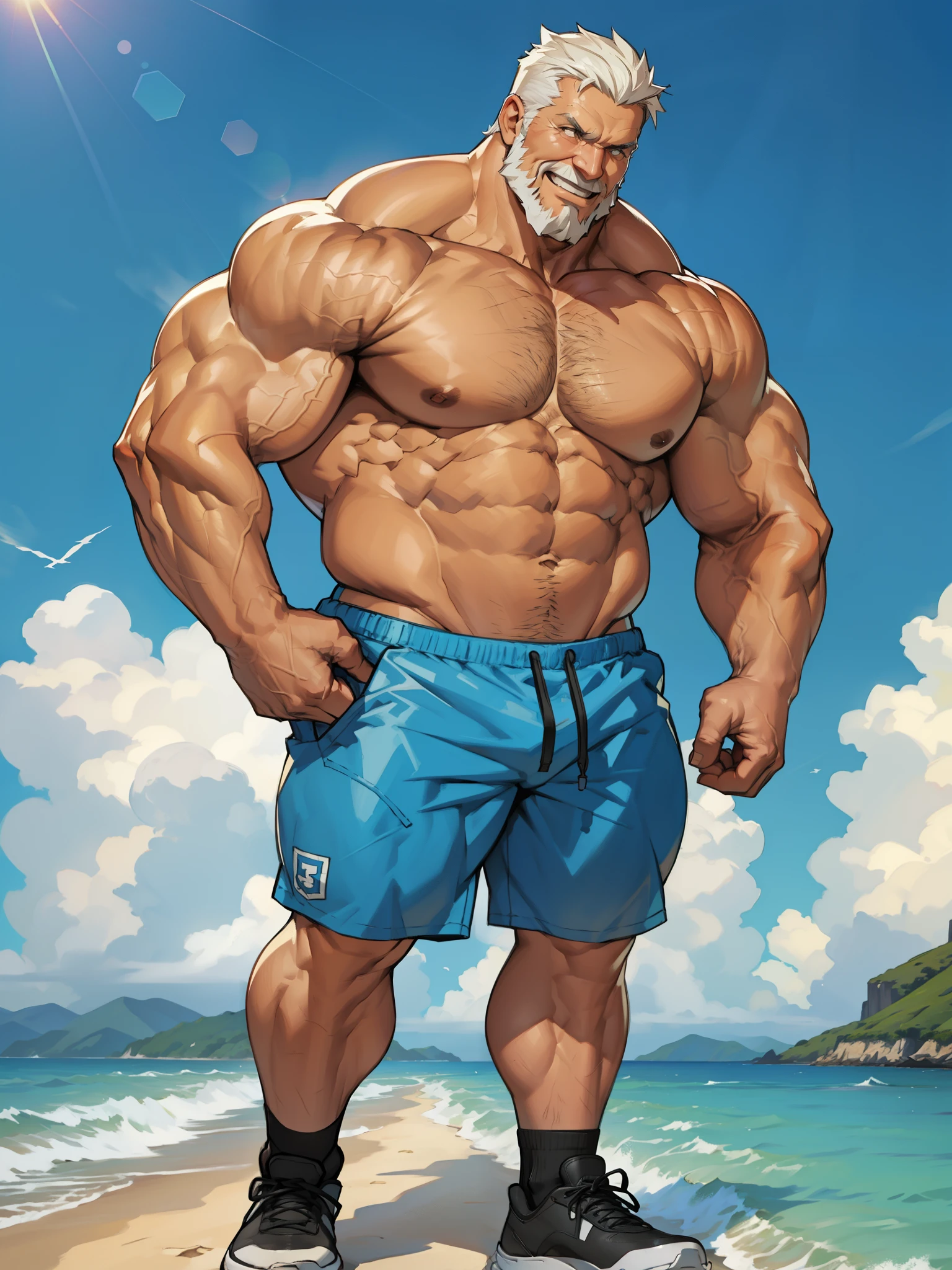 beach, extremely huge muscular, massive muscular, full-body , (topless, shirtless, shorts), well-muscled old man. ((extremely muscle size, super thick arms, huge pec, extremely wide pectoral , huge arms)), wide smiling. Add textures and details to make the image more realistic, such as the appearance of the. Make sure the resulting image is high resolution, 8K quality