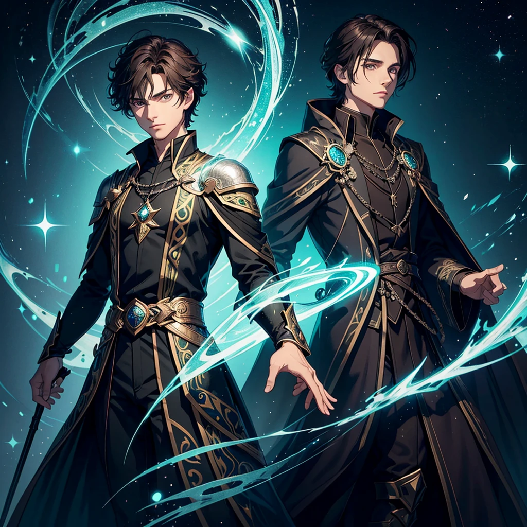 A young male wizard between 25 and 30 years old, with dark brown hair and green-gray eyes. He wears modern, intricately patterned magical robes and carries an ebony staff adorned with glowing crystals. Arlen Voss stands confidently in a grand magical academy, exuding charisma and a sense of superiority.
