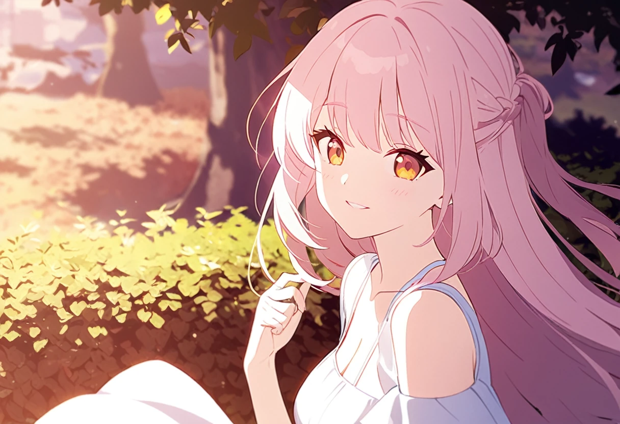 (artwork, best quality), 1 girl, smiling, cute, outdoors, pretty face, light pink hair, orange eyes, Simple white dress