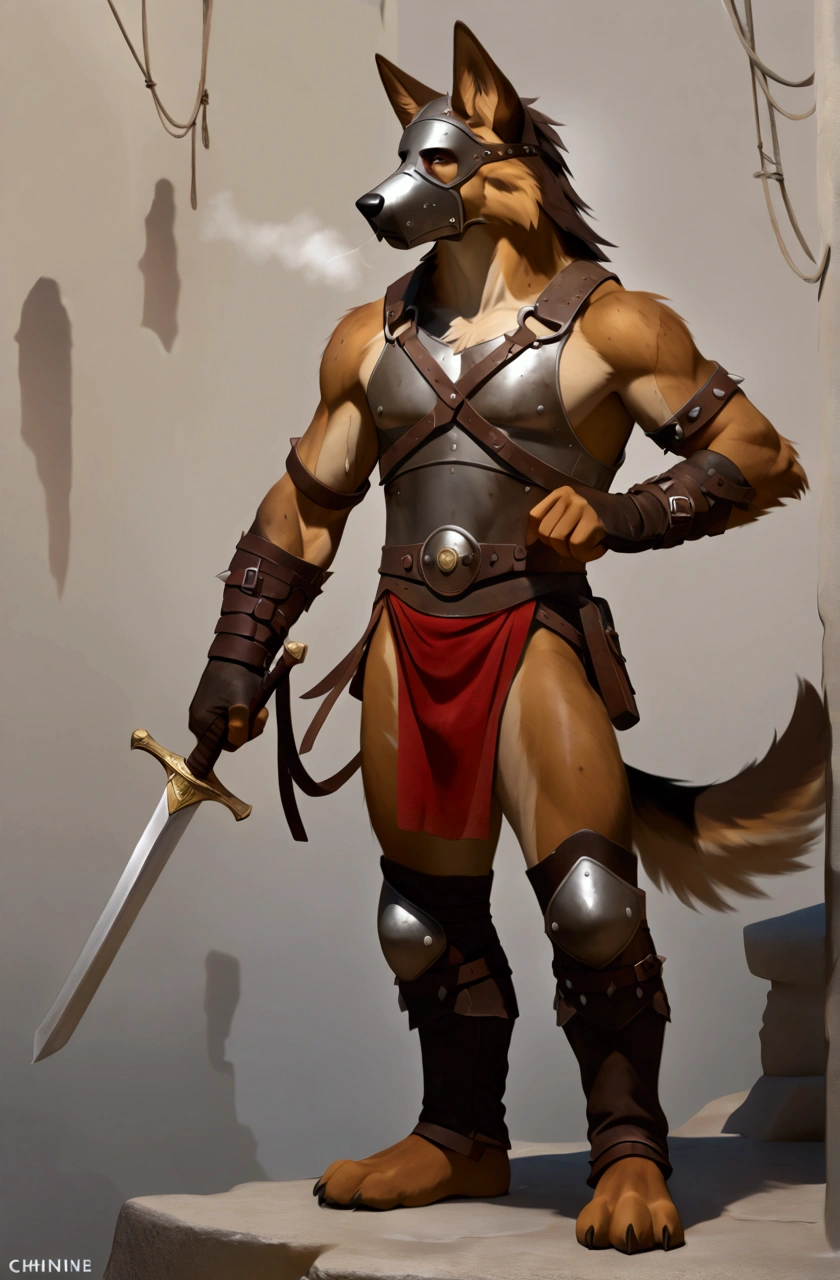 Solo Sexy anthro furry german shepherd male; ancient Mediterranean desert warrior; slim mesomorph handsome model apperance apperance; anthro muzzle head shape leather helmet mask with eye holes; anthro muzzle head shape leather helmet mask with eye holes, anthro muzzle head shape leather helmet mask with eye holes, sword scars; worn out rusty sexy skimpy armament. He has low on hips heavy leather studded heavy belt. he has narrow in the crotch very old worn out bulgy tigh jockstrap (smelly jockstrap fetish); His jockstrap it is made of old white worn out matte leather sewn together from a few pieces, it has never been washed, it is dirty and has stains from secretions of dried semen and sweat; His armor is old heavy brown harness with armlets studded with spikes; rusty old skimpy breatsplate armor, he has old brown leather BFR Bands on Biceps and his thighs, he has old worn out fingerless leather gloves. His armor is in ruin, it is very very old and dirty, rusted, dirty, old worn out, rusty breastplate. Even though he is a handsome and sexy man, he has a sloppy appearance, has disheveled unwashed dirty fur, dirty body look. he smells, he has stains from old blood, dirst, cum, mud, smelly furr, disgusting bastard looking. He stands proudly bravely in the Mediterranean sunny pine forest; he stands upright, furious, with his sword raised in a ready-to-fight position, he holds a sword in his right paw, ready for incoming fight; he has a proud, threatening and defiant expression on his face, with little dirty dangerous smile; he has narrow in the crotch very old worn out bulgy tigh jockstrap (smelly jockstrap fetish); His jockstrap it is made of old white worn out matte leather sewn together from a few pieces, it has never been washed, it is dirty and has stains from secretions of dried semen and sweat;, he has narrow in the crotch very old worn out bulgy tigh jockstrap (smelly jockstrap fetish); 