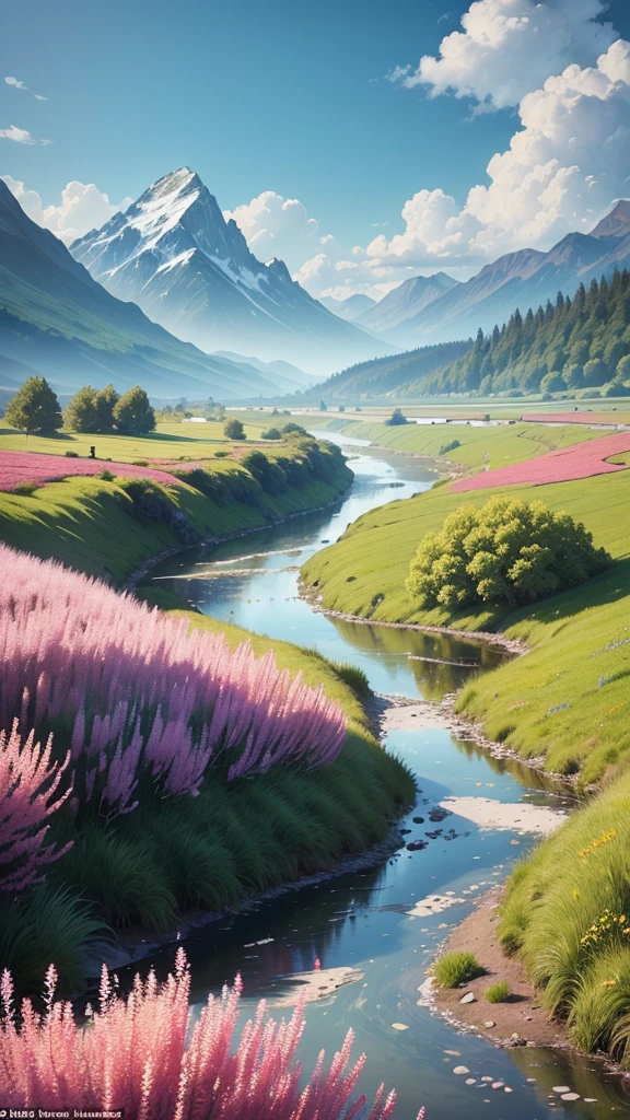 ((masterpiece, best quality, cinematic, photorealistic, ultra-detailed)), a field full of colorful, vibrant, and diverse flowering plants, the backdrops should feature a clear, cerulean blue sky stretching as far as the eye can see, with majestic mountains and distant trees on the horizon, above, fluffy nimbus clouds adding a touch of drama to the scene, in the foreground, a crystal-clear river winds its way through the field, reflecting the beauty of the flora and the vastness of the sky