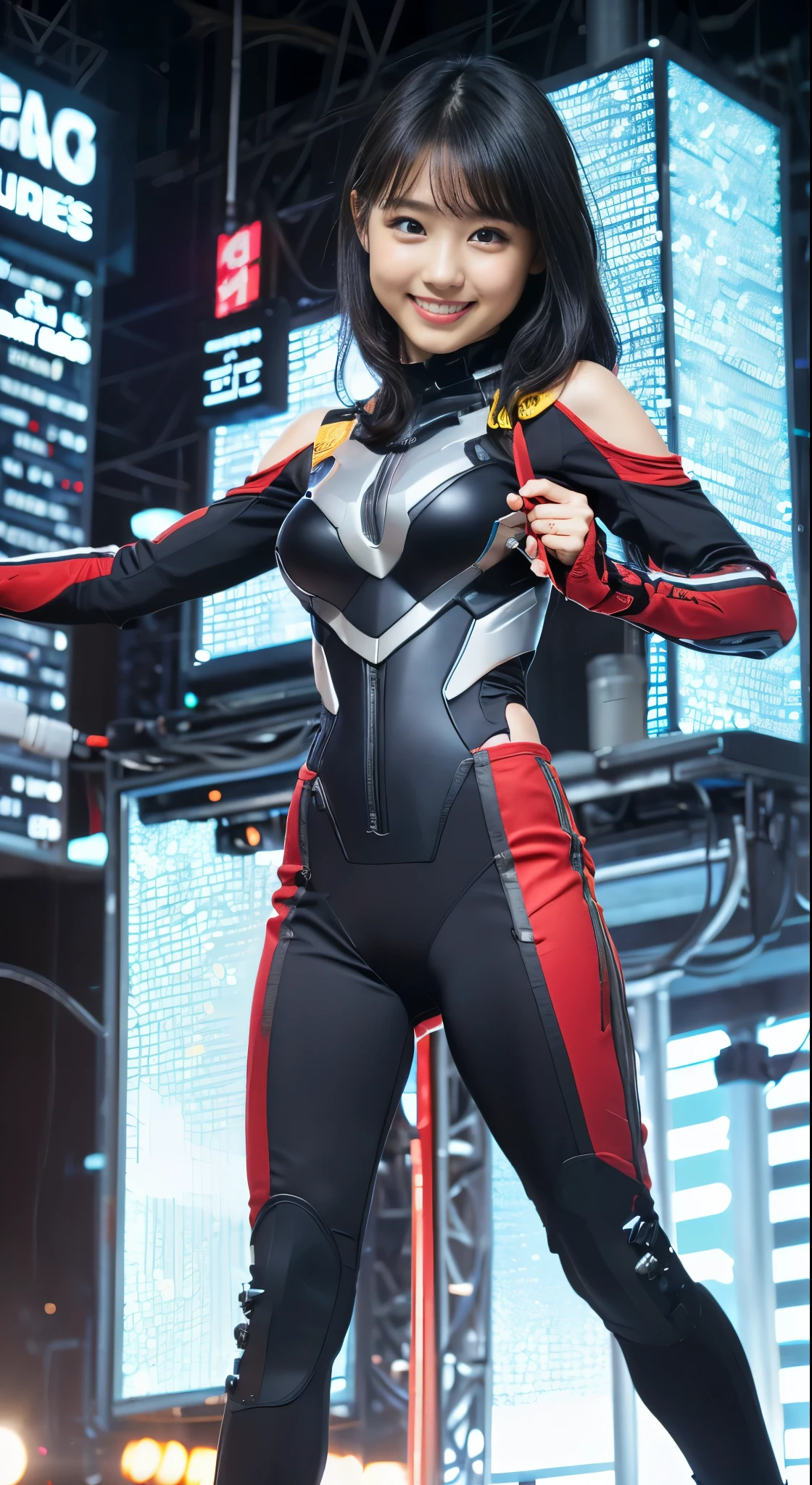 (8k、Raw photography、Highest quality、masterpiece:1.2),(Black Hair、Dark Eyes:1.9),(Plug Suit:1.6)、View your viewers,Front view,White skin,(:1.4)、(Tight waist:1.6)、(Clothes that accentuate the shape of the breasts:1.0)、(Big Breasts :1.3)、Slim figure、Ultra-high resolution,beautiful,beautiful fece,(One person、No background:1.9),whole bodyボディー,Japanese women,(reality的:1.37)、Photon Mapping,reality、(Baby-faced and cute: 1.4)、(Cute Smile: 1.8)、(Round face: 1.8)、Radio City、Physically Based Rendering、Depth of field rally background、photograph, (I can see your knees、Thigh close-up:1.8),(:1.6),whole body、Great quality