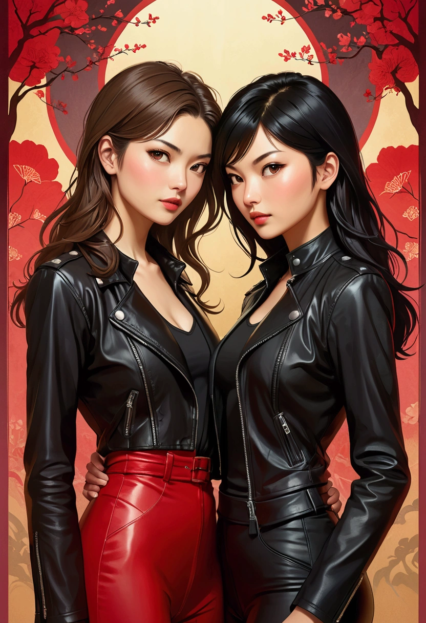 two beautiful women in love Sarah Kay style, one with delicate British features, semi-short light brown hair, dressed in black leather pants and a black shirt and a black leather jacket and the other woman with delicate Asian features, with long black hair, dressed in a beautiful long-sleeved carmine red dress.