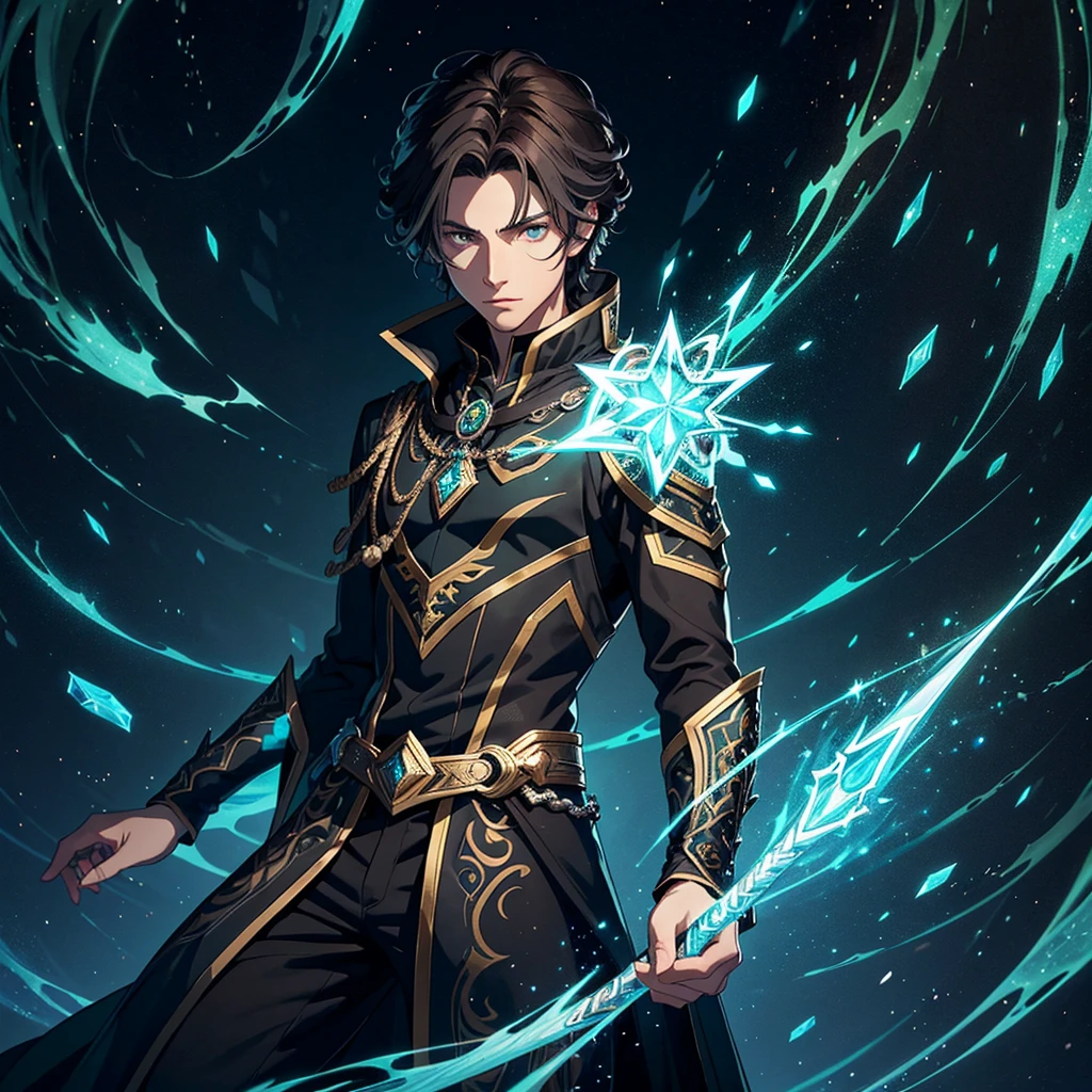 A young male wizard between 25 and 30 years old, with dark brown hair and green-gray eyes. He wears modern, intricately patterned magical robes and carries an ebony staff adorned with glowing crystals. Arlen Voss stands confidently in a grand magical academy, exuding charisma and a sense of superiority, solo, full body