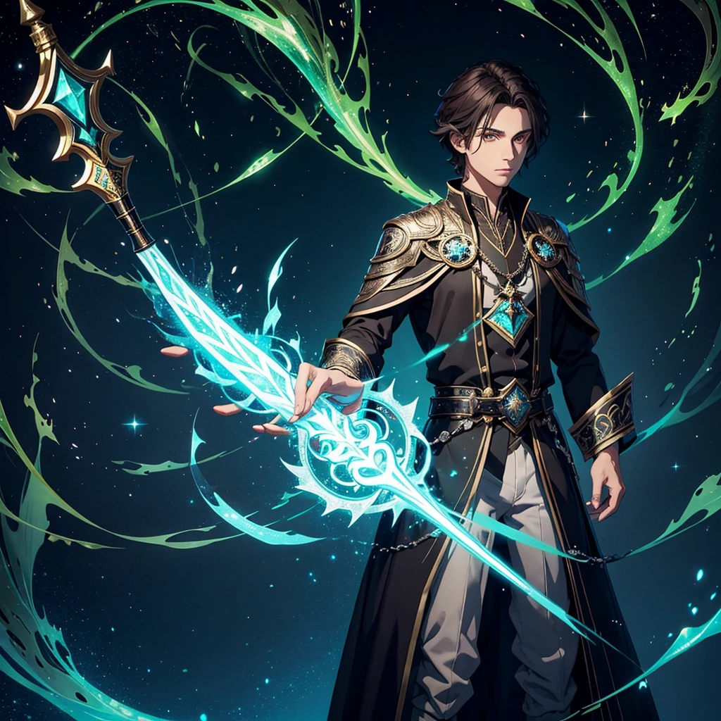 A young male wizard between 25 and 30 years old, with dark brown hair and green-gray eyes. He wears modern, intricately patterned magical robes and carries an ebony staff adorned with glowing crystals. Arlen Voss stands confidently in a grand magical academy, exuding charisma and a sense of superiority, solo, full body