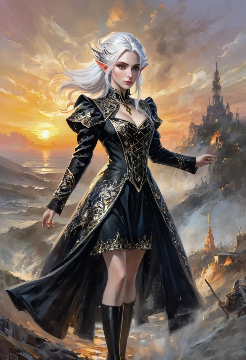 1 gorgeous magician woman using his magic powers on a battle scene, expressive eyes, elf ear, white hair, black patterned clothes dress, , full length portrait , sunset in background, detail richness, masterpiece, best quality